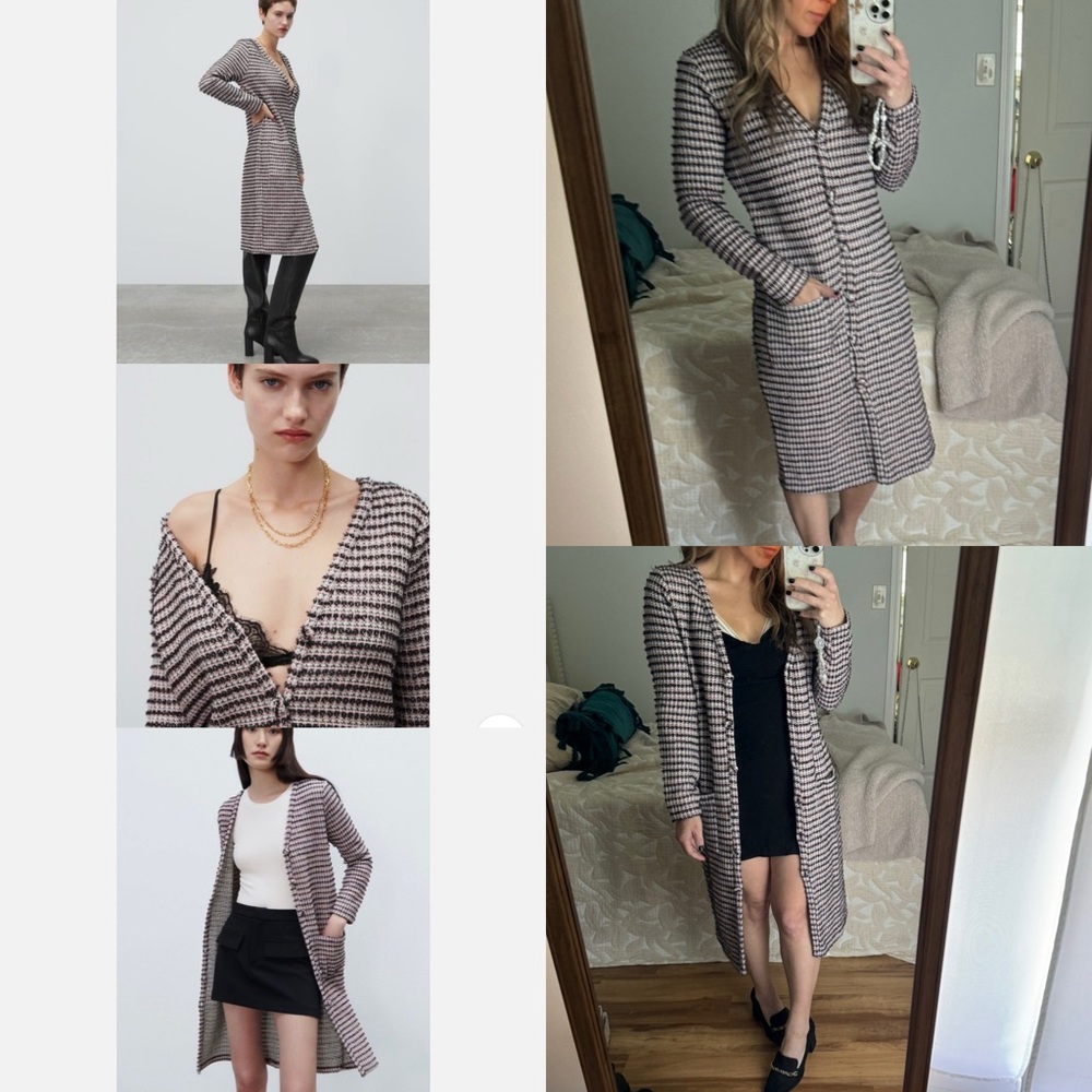 NWT Zara Textured Tweed like knit Midi Dress open duster long overcoat multi way